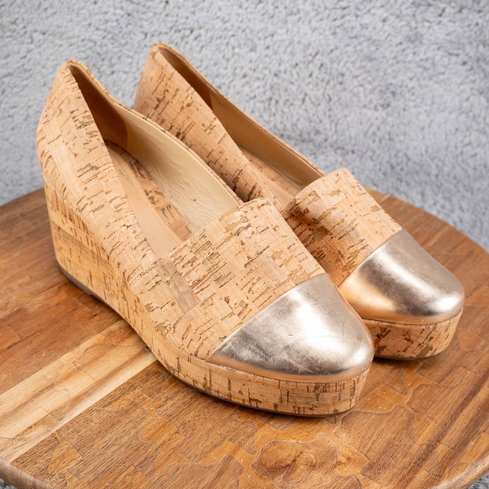 SCHUTZ Cork Wedge Sandals with Metallic Gold Cap Toe